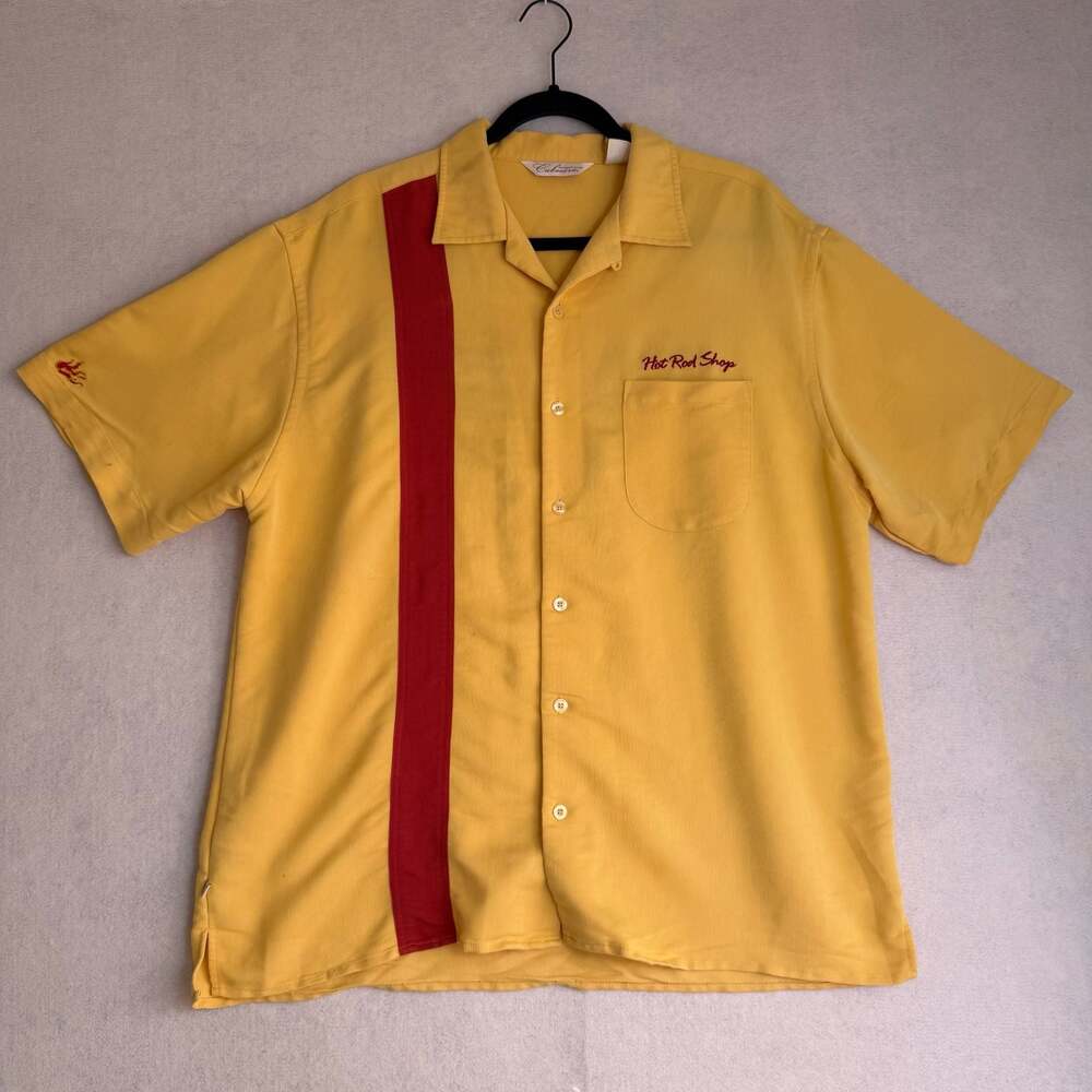 Cubavera Shirt Mens Large Vintage American Classics Hot Rod Shop Bowling Yellow